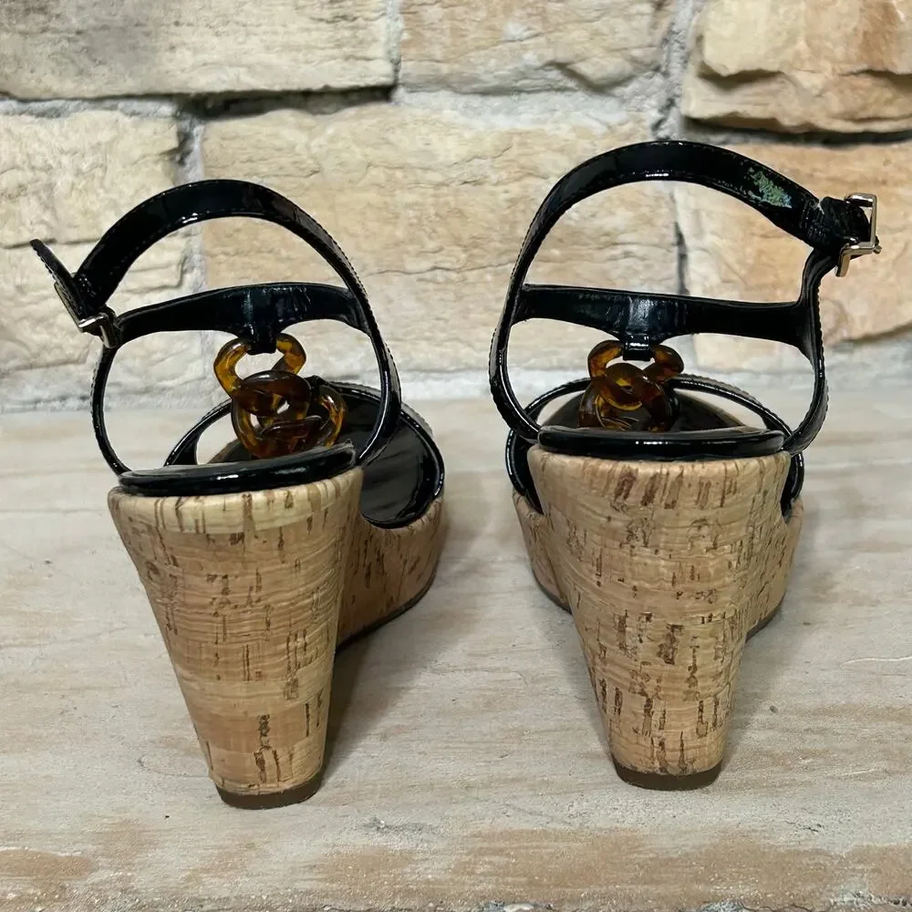 Vaneli Emalee Black Patent Ankle Strap Cork Wedge Peep Toe Sandals Sz 8 - Picture 8 of 11